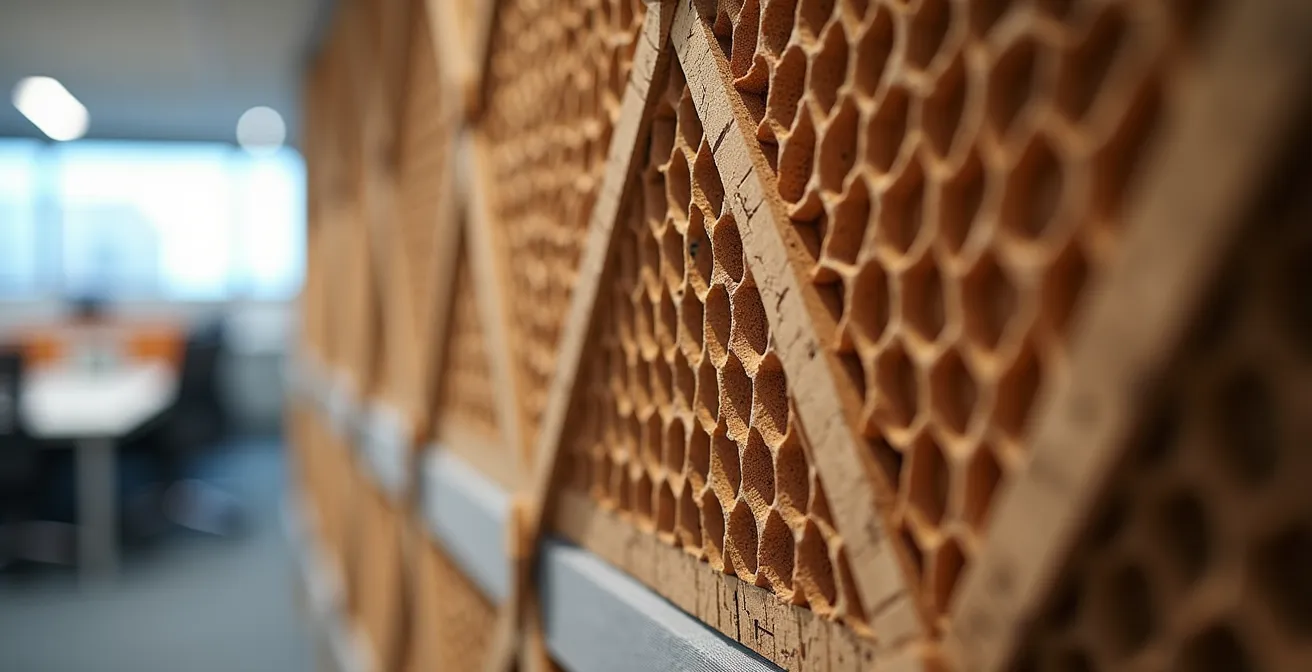 Modern office space featuring acoustic panels and glass-enclosed meeting pods