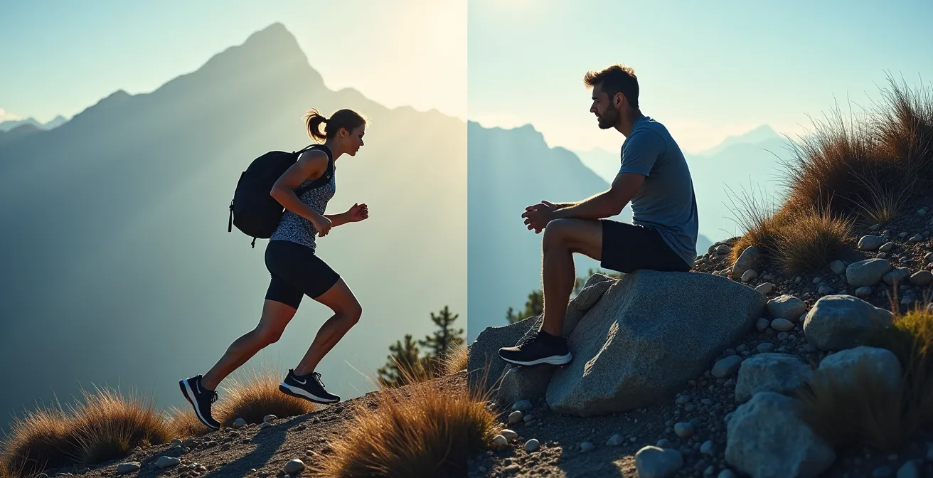 Split-screen comparison of fit athlete pushing uphill versus resting trekker