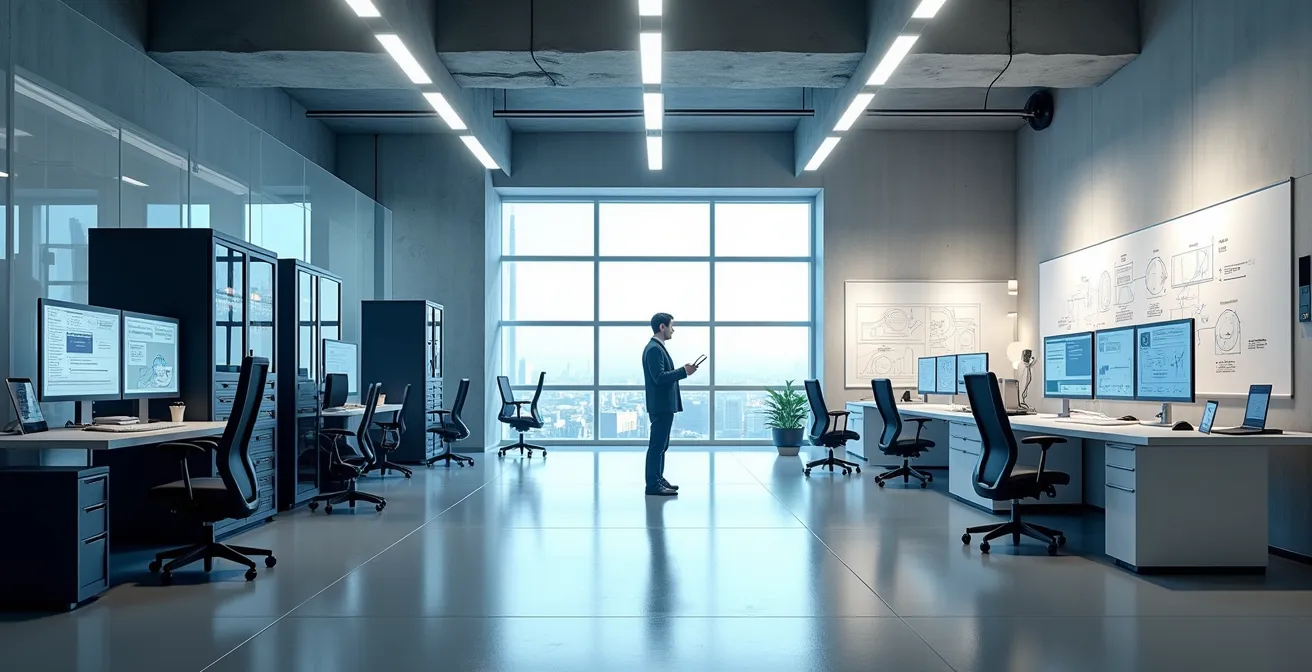 Split composition showing established tech infrastructure on one side and experimental innovation lab on the other