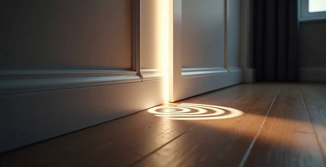 Detailed view of baseboard gap showing sound wave transmission path