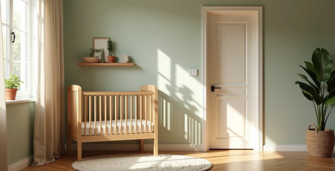 A biophilic nursery design with a wooden crib in a protected corner, natural light, and house plants, creating a feeling of refuge.