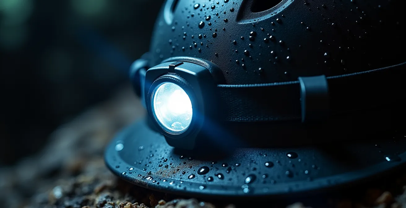 Close-up of caver's helmet showing multiple light sources and backup systems