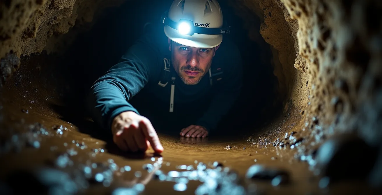 Caver demonstrating three-point contact technique in tight cave passage