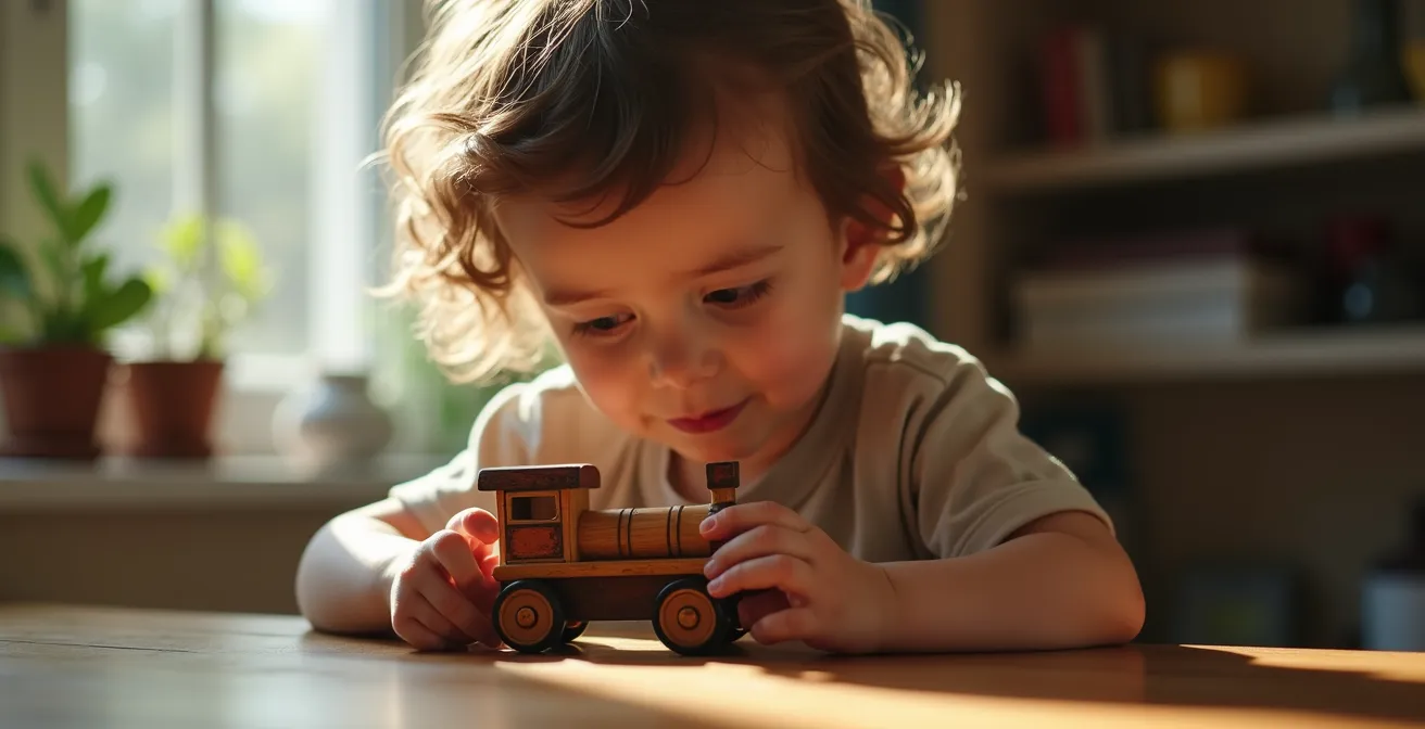 A child joyfully exploring a vintage toy in warm lighting