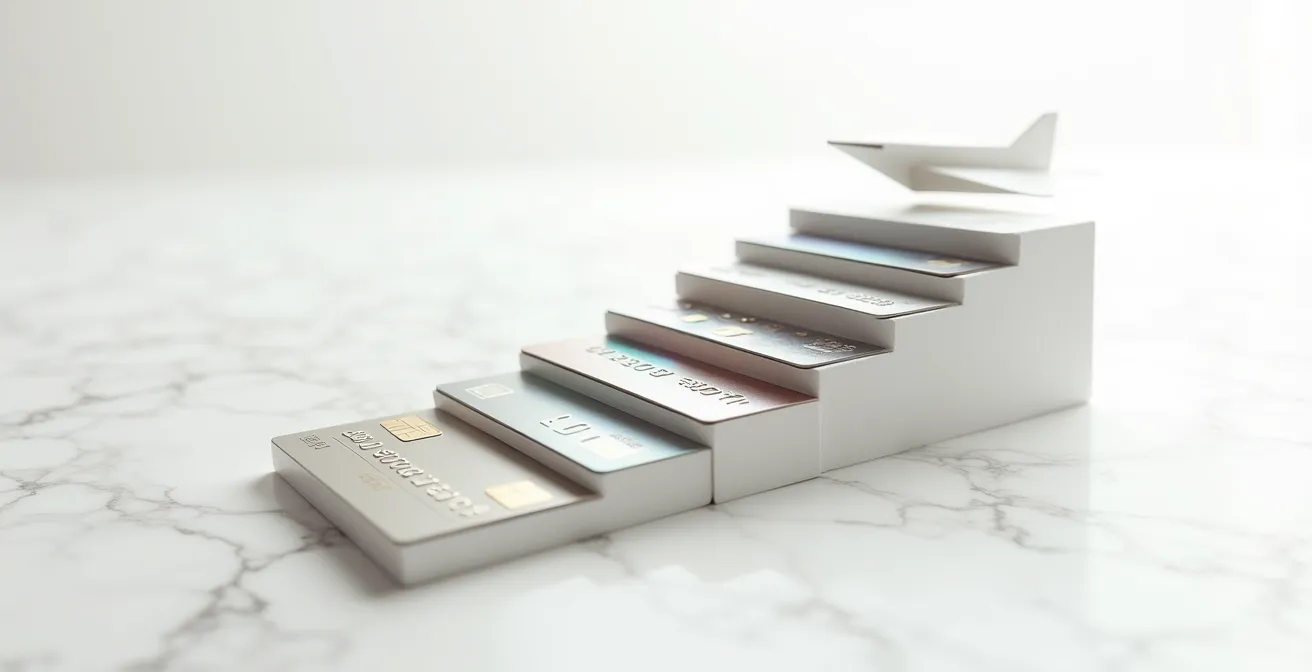 Visual representation of multiple credit cards arranged in ascending steps toward travel rewards