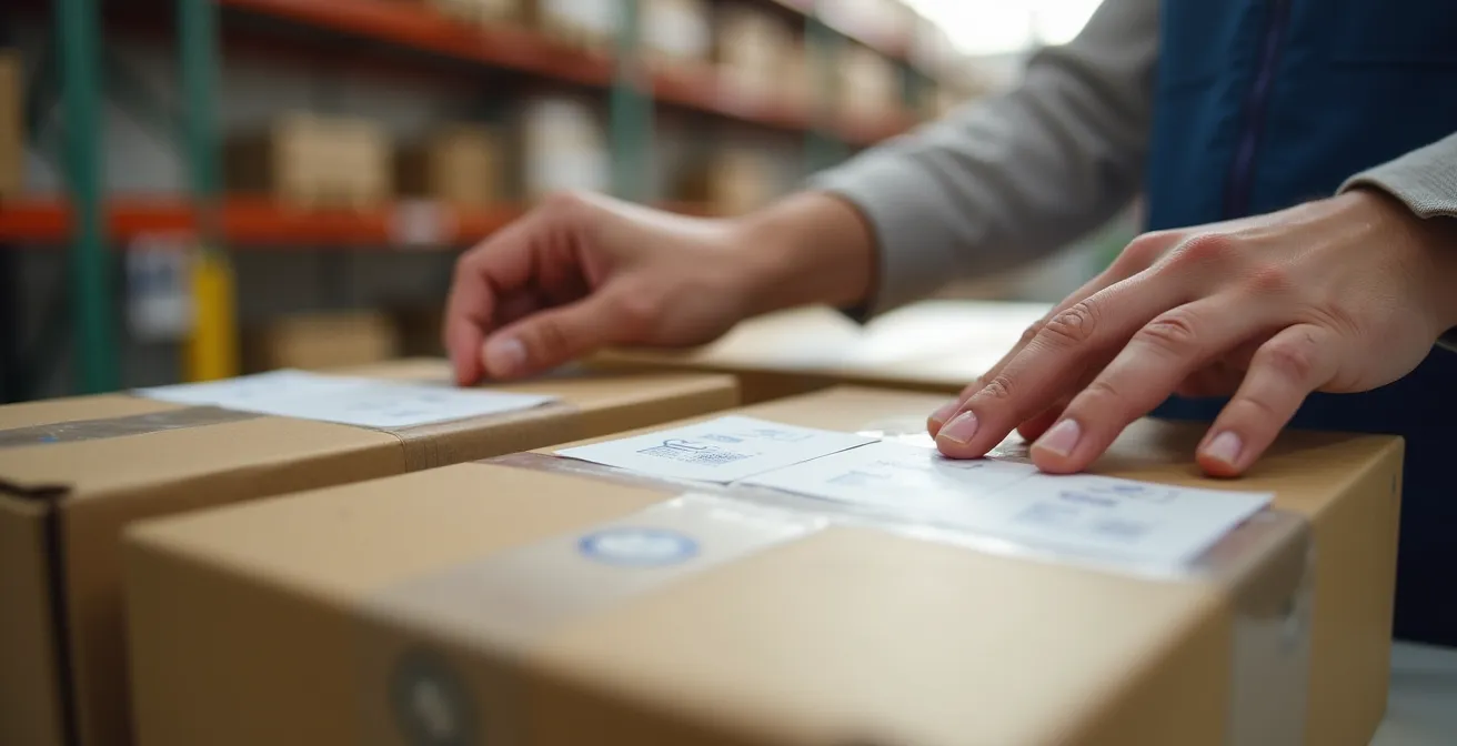 Hands applying shipping labels to international packages with proper documentation