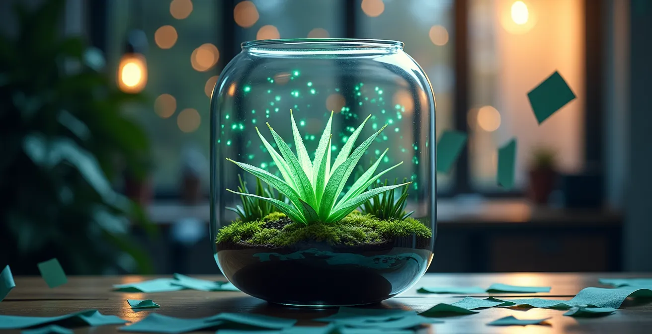 Abstract visualization of secure data protection in a business environment, represented by a glowing terrarium.