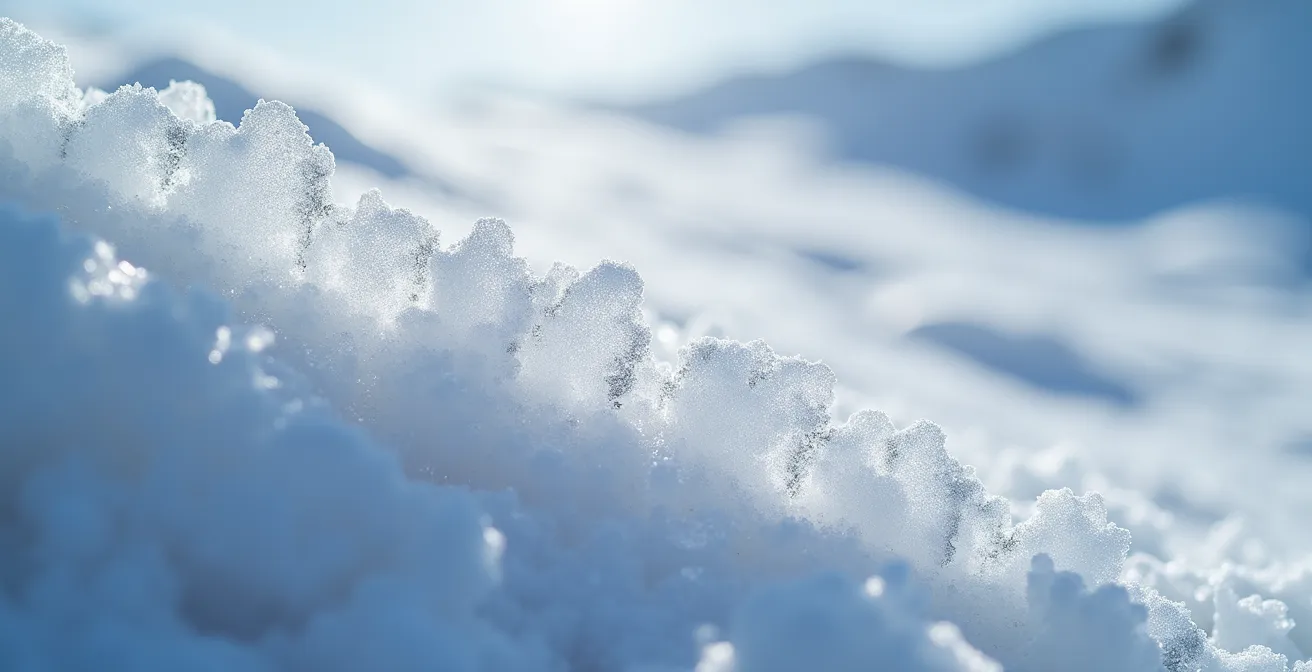 Extreme close-up of depth hoar crystals showing cup-shaped structure and sugar-like texture