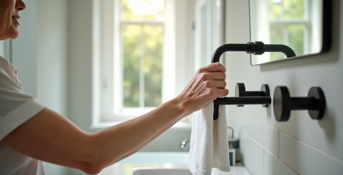 Elegant bathroom featuring a stylish matte black grab bar that doubles as a towel rack, blending safety with design.