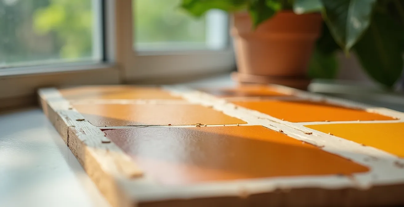 A DIY lightfastness test setup showing two painted boards in a window, with half of each covered by tape to test for fading.