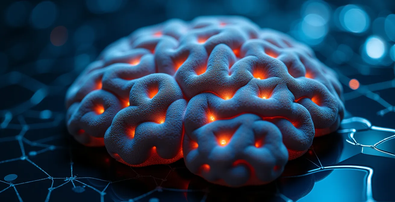 Visual metaphor of an organized business knowledge retrieval system, depicted as a glowing brain coral.