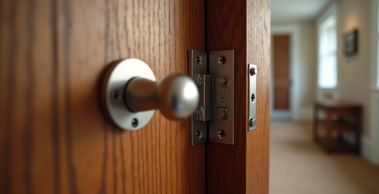 Close-up of offset hinge installation on a wooden doorway, demonstrating the increased clearance for accessibility.