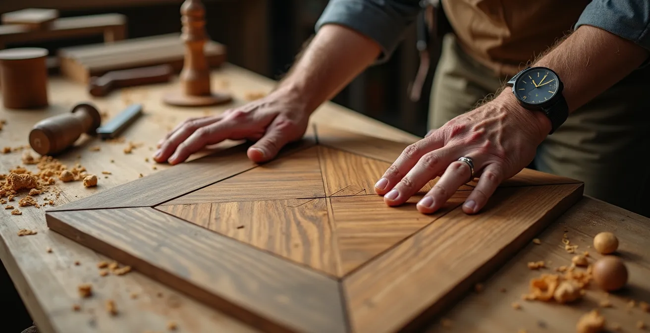 Hands demonstrating Dutchman patch inlay technique on damaged oak parquet flooring