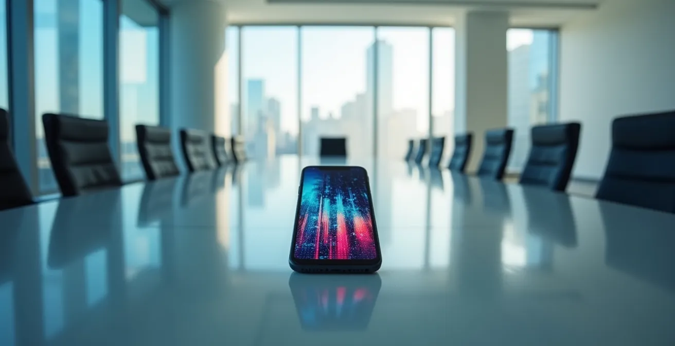 Wide shot of empty corporate boardroom with single smartphone on table showing abstract data visualization