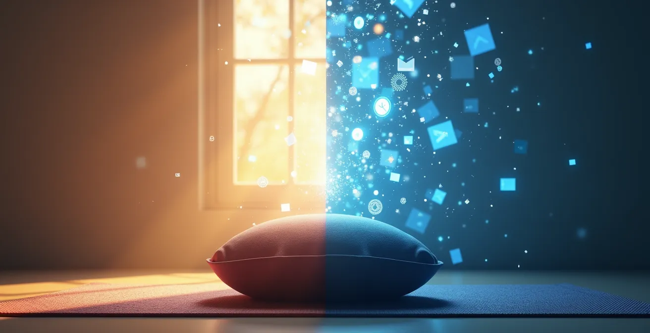 Visual metaphor of the flexibility paradox in remote work, contrasting a serene workspace with digital chaos.