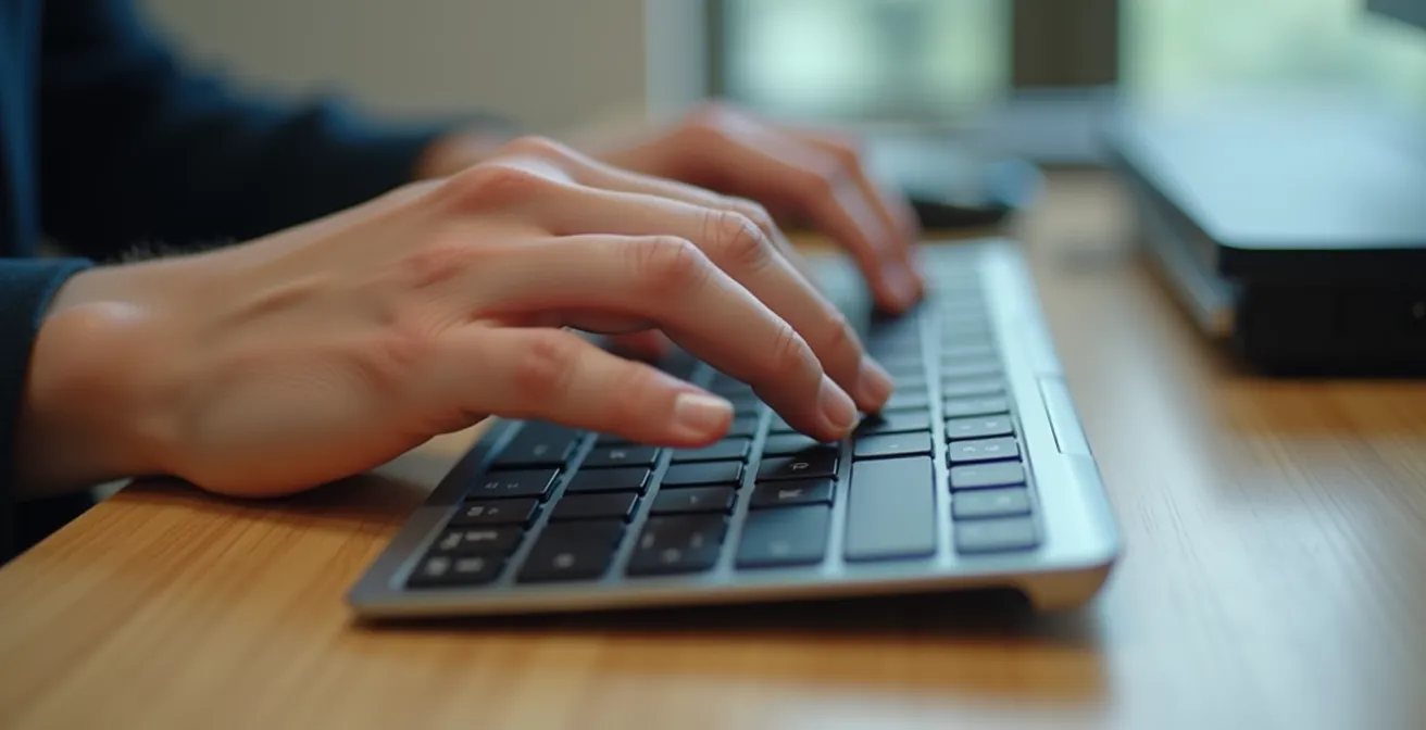 Close-up of hands demonstrating proper floating typing position above keyboard