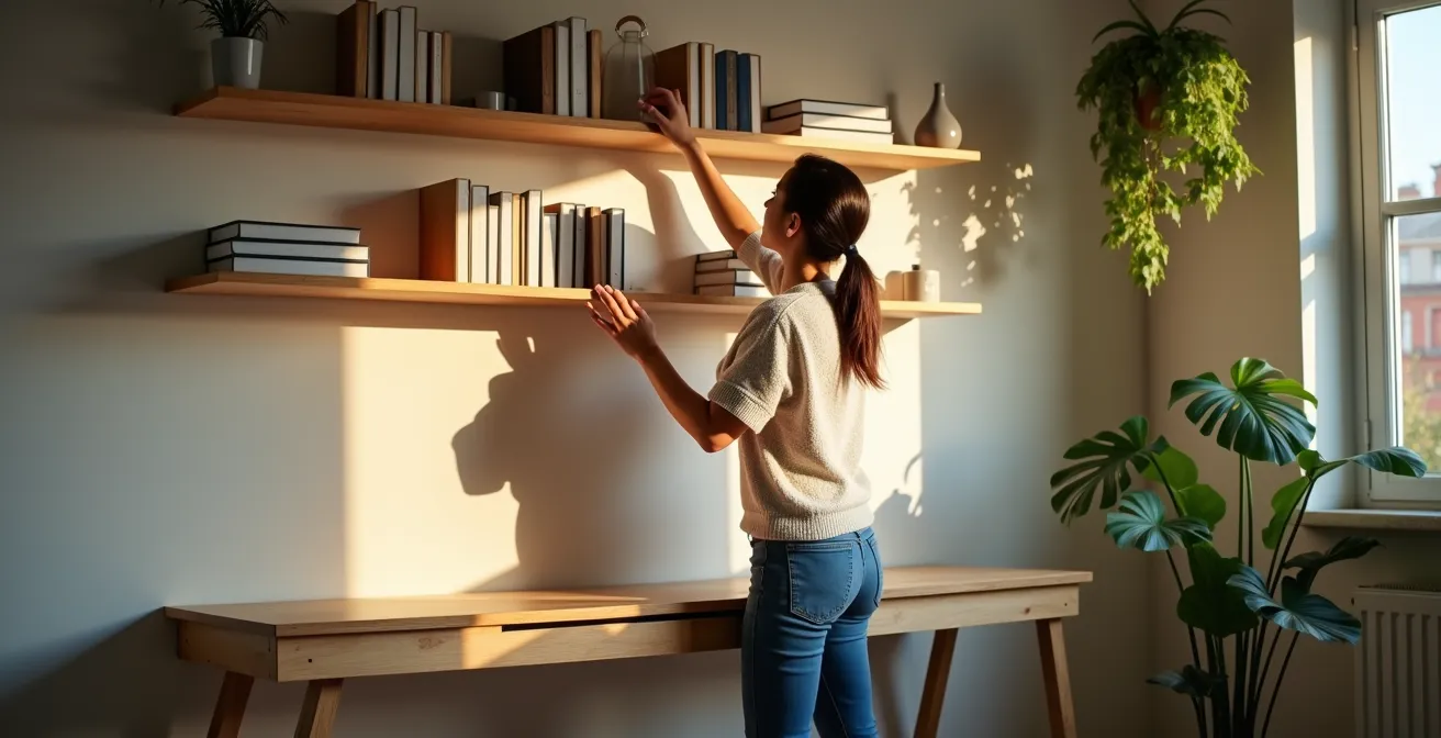 Wall-mounted floating shelves and desk in minimalist studio