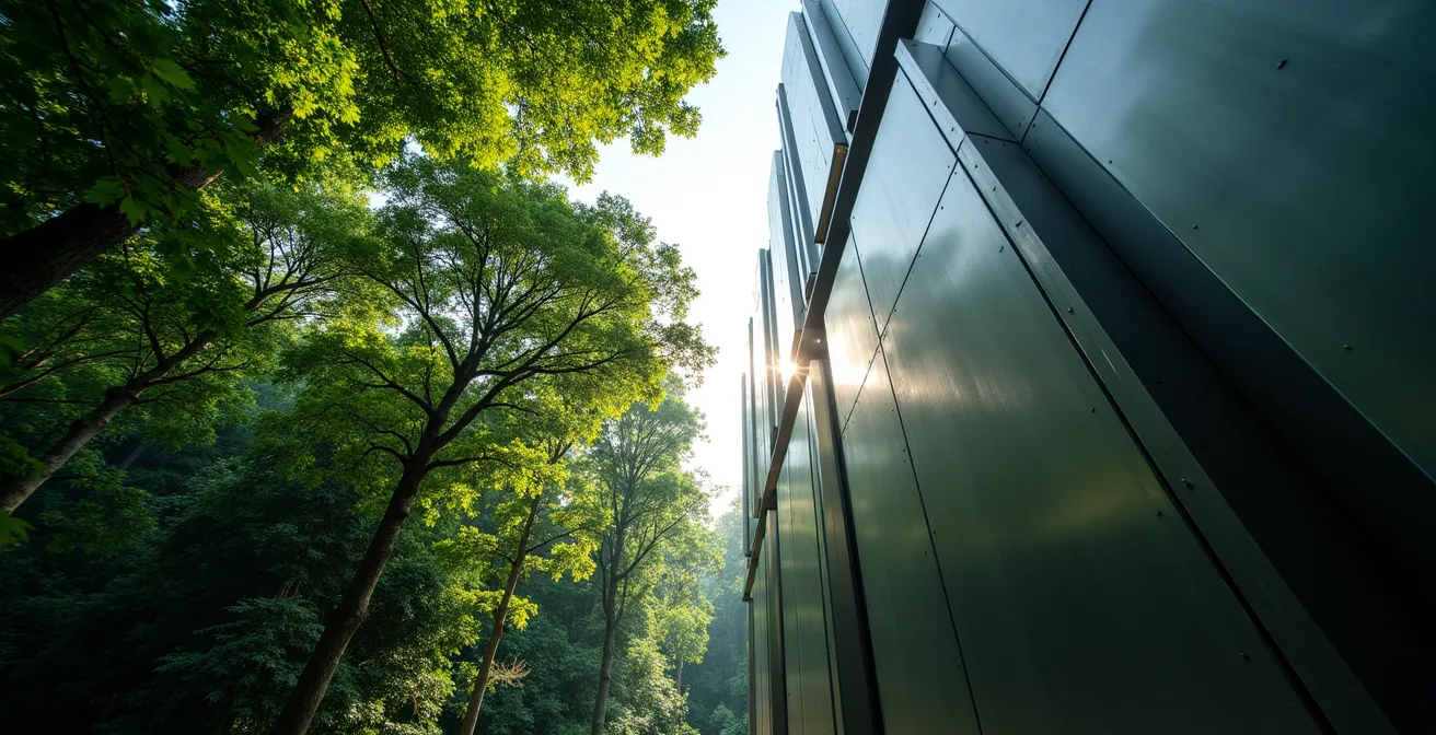 Split scene showing protected forest canopy and industrial DAC facility