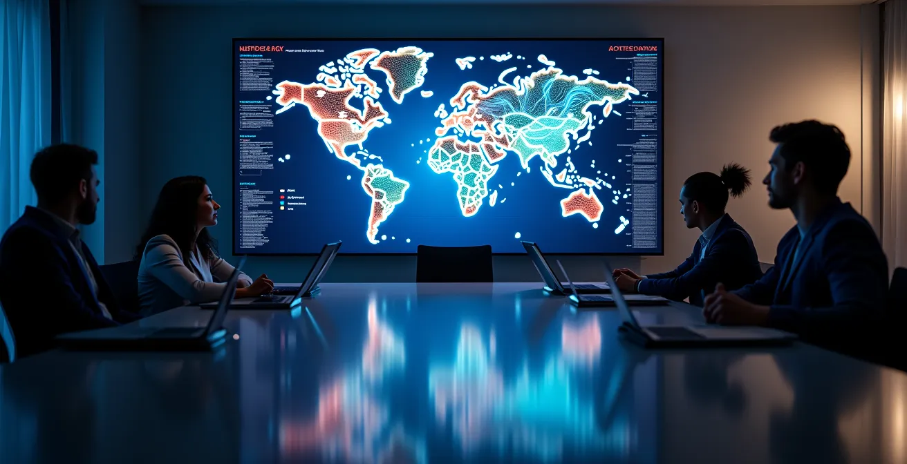 Abstract visualization of global shipping routes with risk indicators displayed as heat patterns