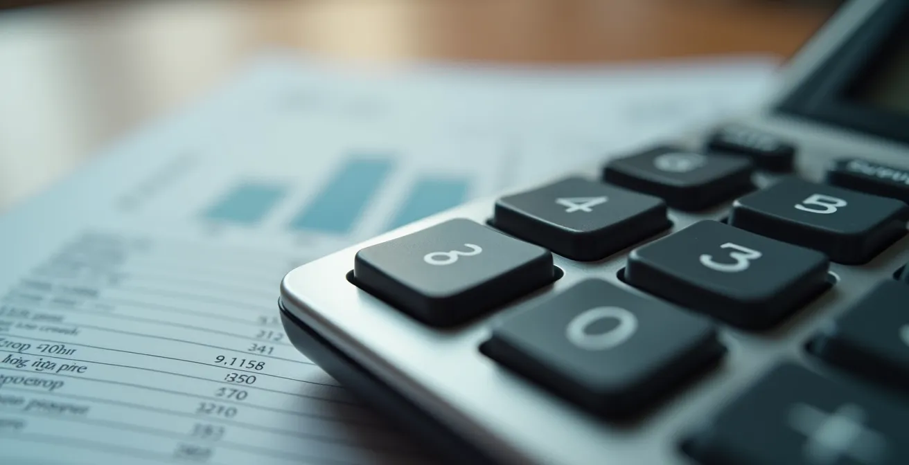 Macro view of calculator buttons and shipping documents showing cost breakdown
