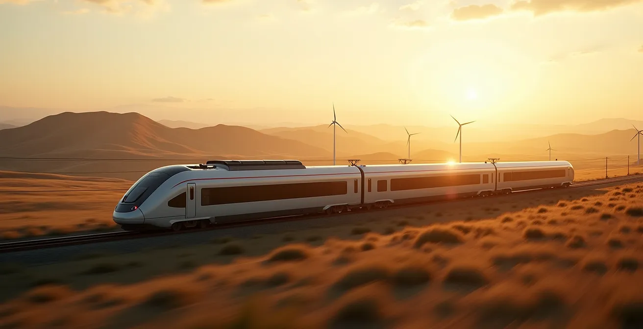 Modern electric train passing through scenic countryside landscape