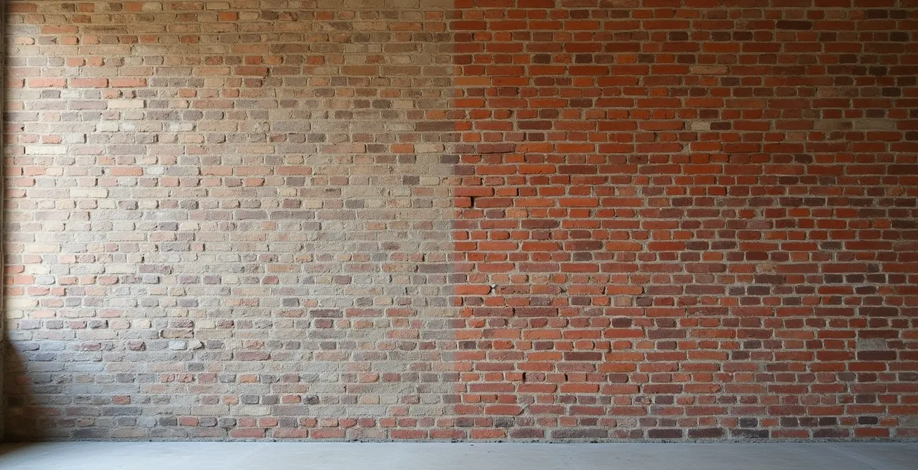 Wide angle view of aged brick wall showing the stark contrast between the natural, protective patina on one side and an aggressively cleaned section with a damaged surface on the other.