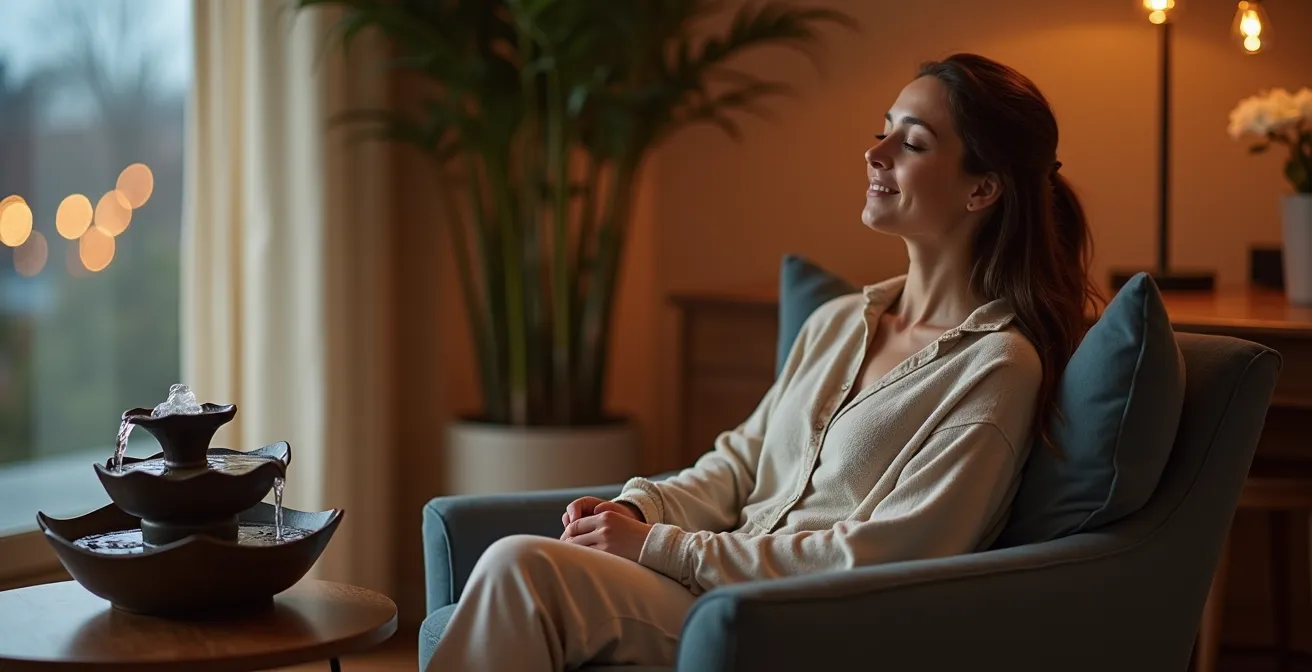 Strategic placement of indoor water fountain creating acoustic relief in living space