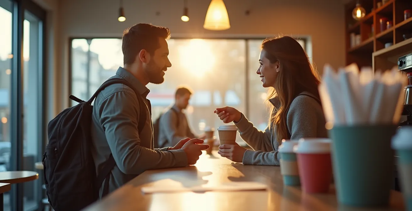 Person practicing local language phrases with cafe barista