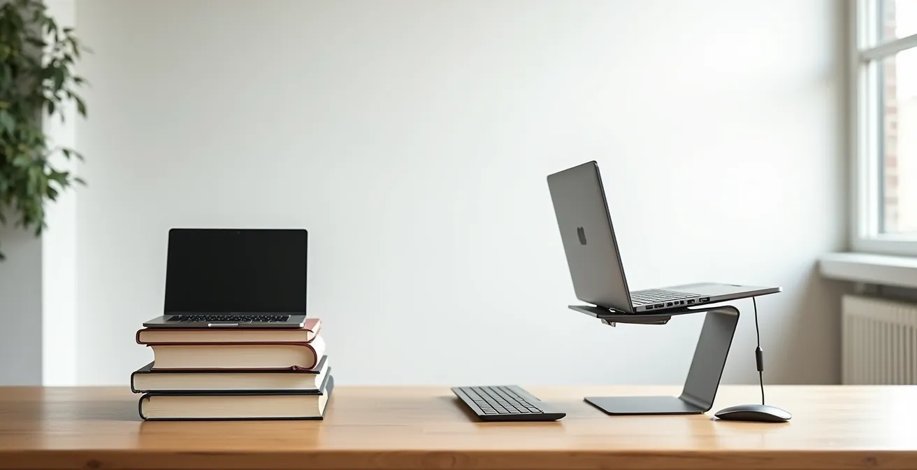 Workspace showing proper laptop screen positioning with stack of books and external keyboard setup