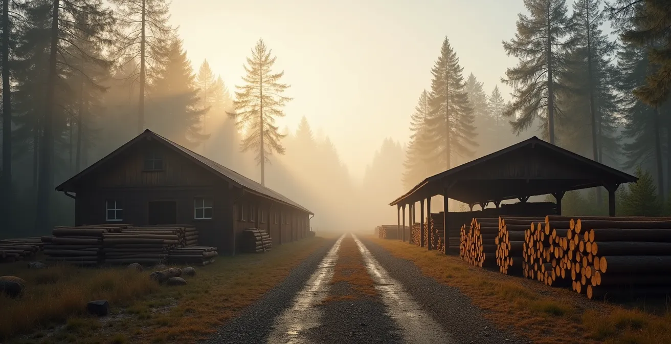 Wide environmental shot of a small local sawmill surrounded by a managed forest