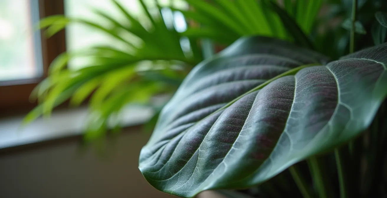 Indoor plants thriving in low-light conditions including Calathea and Kentia Palm