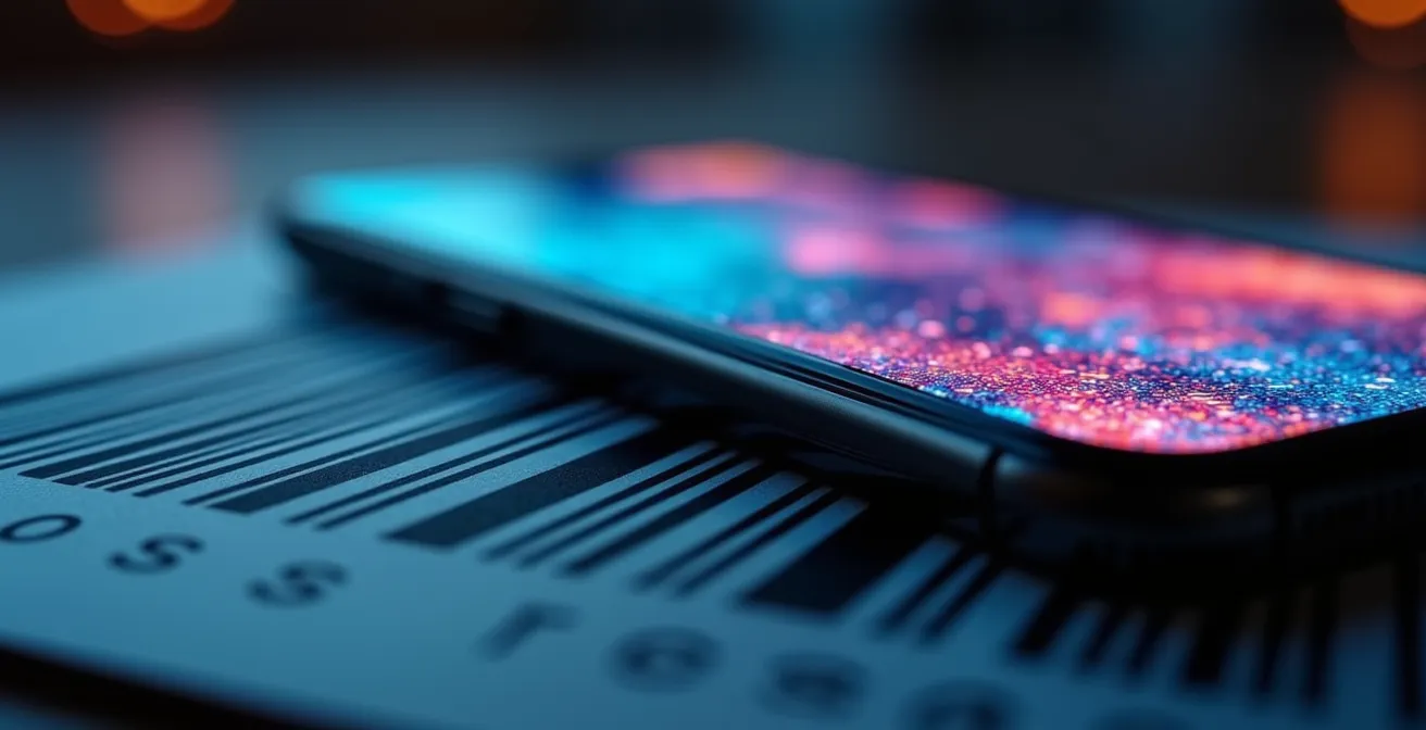 Extreme close-up of barcode being scanned with smartphone showing abstract data patterns