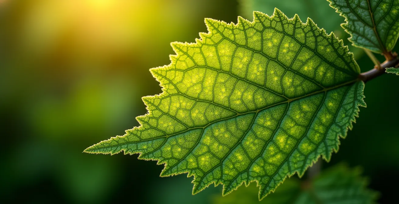 Extreme close-up of a leaf, showing the intricate vein patterns and natural fractal geometry