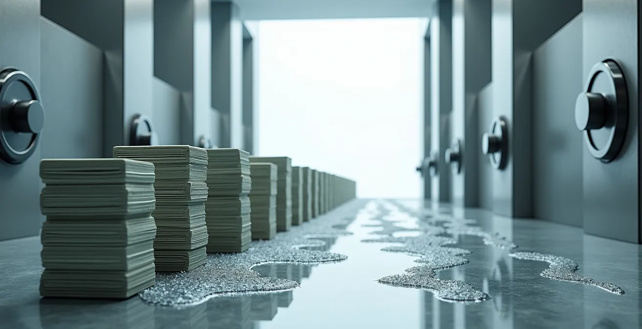 Visual metaphor of cash value melting away like ice under inflation pressure