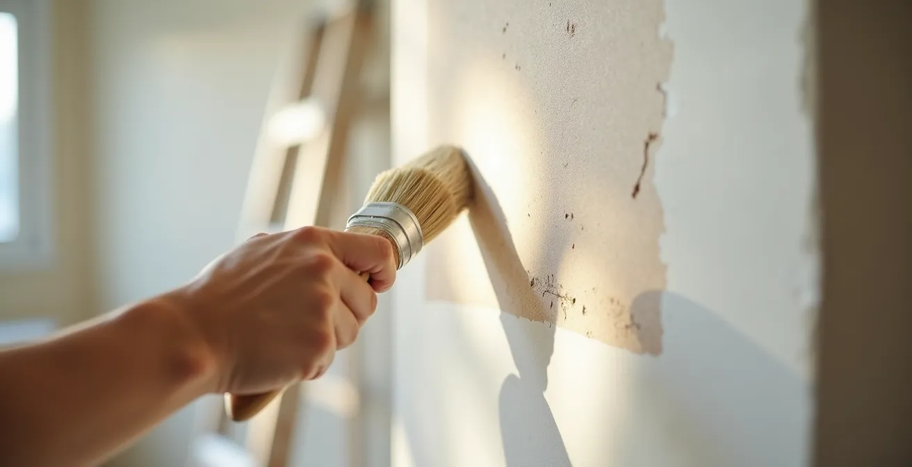 A close-up of a person's arm applying mineral primer to a wall in a cross-hatch pattern to create texture.
