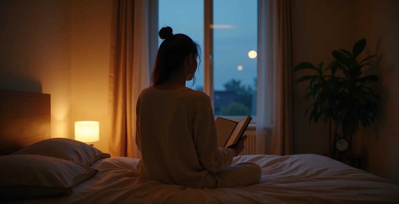 Peaceful bedroom scene with dim warm lighting and a calm evening atmosphere