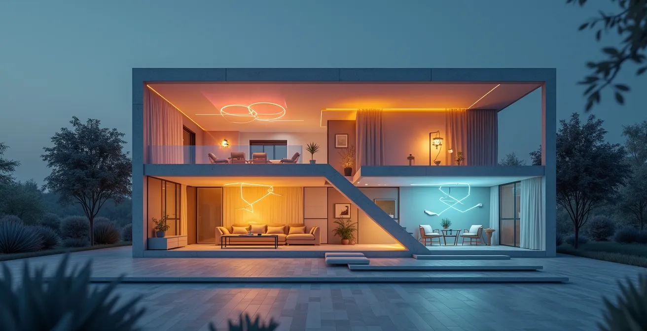 Modern home interior showing various sensors and automation devices working together for energy efficiency