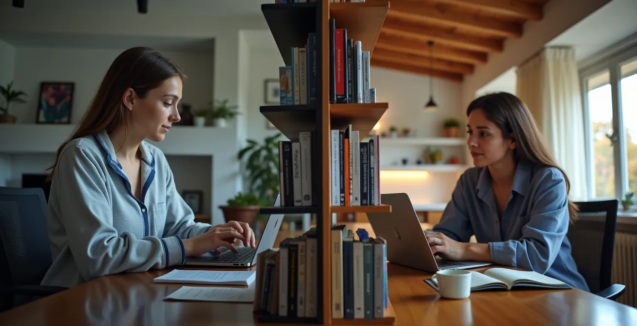 Split screen comparison of different e-learning environments, one showing a casual home setup and the other a professional co-working space.