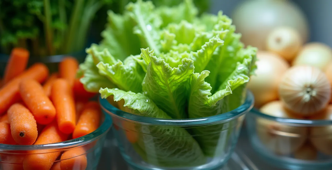 Macro view of fresh vegetables organized in fridge compartments showing proper storage techniques
