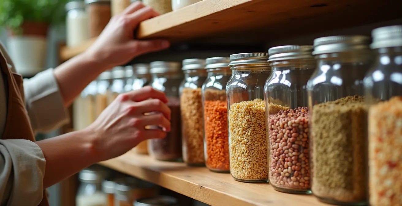 Well-organized pantry showing proper storage of bulk organic grains and oils