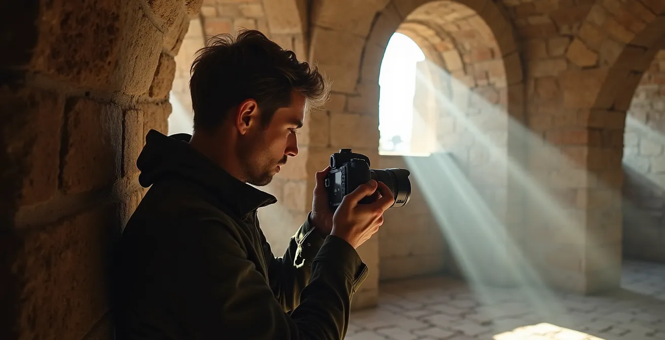 Photographer using camera with natural light streaming through ancient stone windows