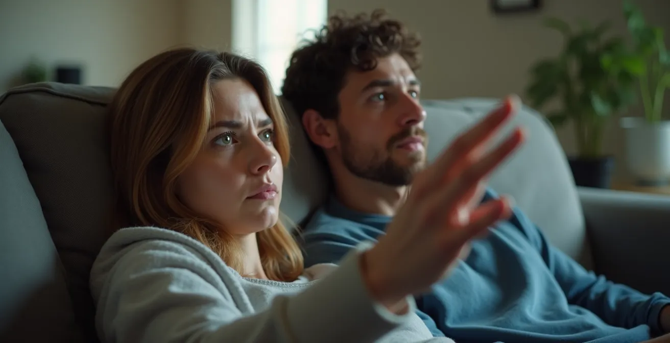 Two people in the same room but emotionally disconnected due to work distractions