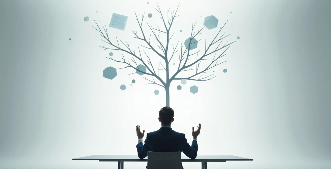 Professional working with multiple floating holographic thought bubbles showing branching logic patterns