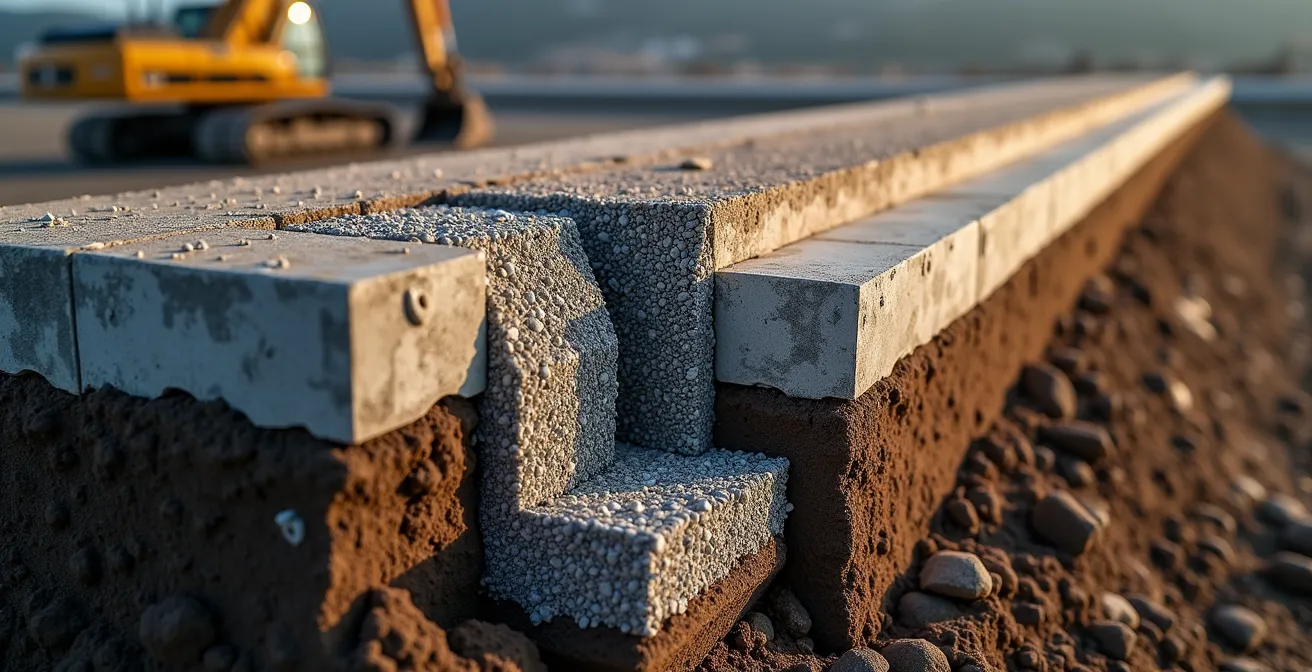 Cross-section view of retaining wall showing proper drainage installation with gravel backfill and weep holes