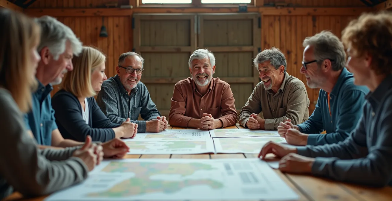 Rural community members reviewing fiber network expansion plans at town meeting