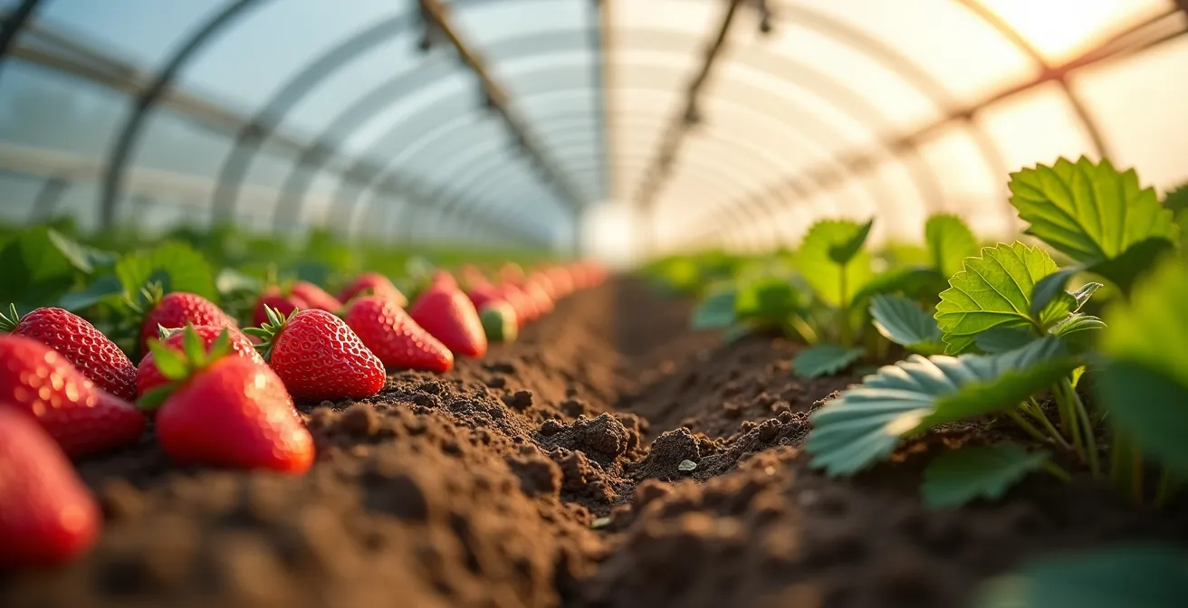 Split composition showing local hothouse versus imported field strawberries with environmental impact visualization
