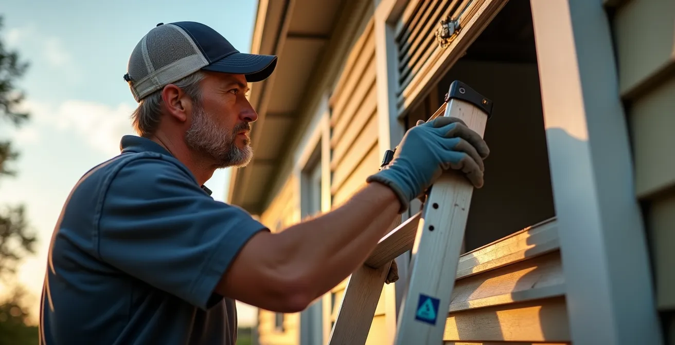 Professional installing storm shutters on second-floor window using proper safety equipment and ladder positioning