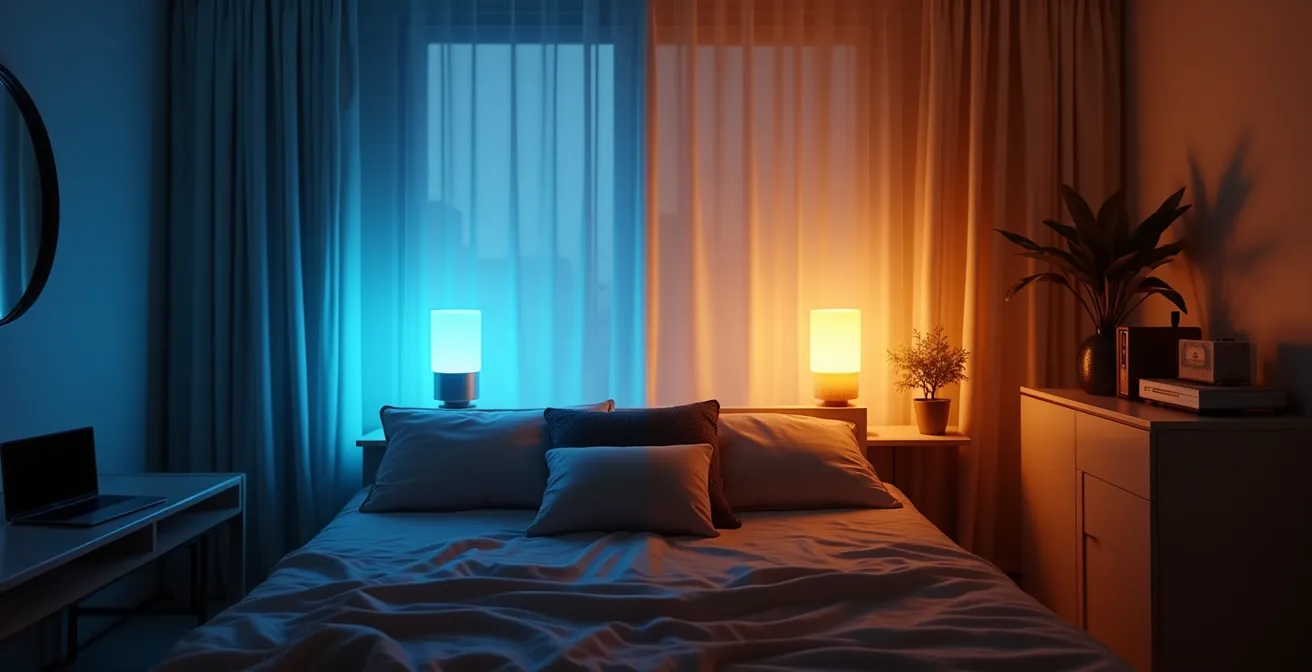 A studio apartment showing distinct work and relaxation zones through lighting and sensory cues