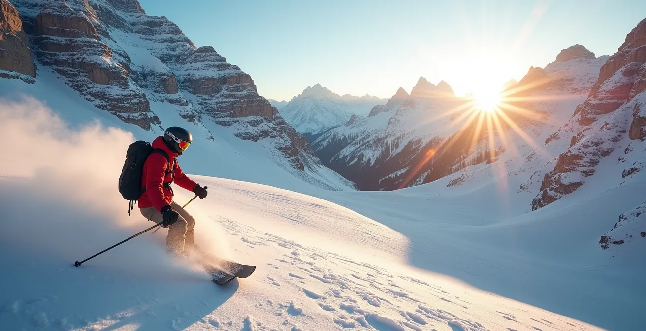 Mountain peak showing different snow conditions on north vs south faces with sun angle