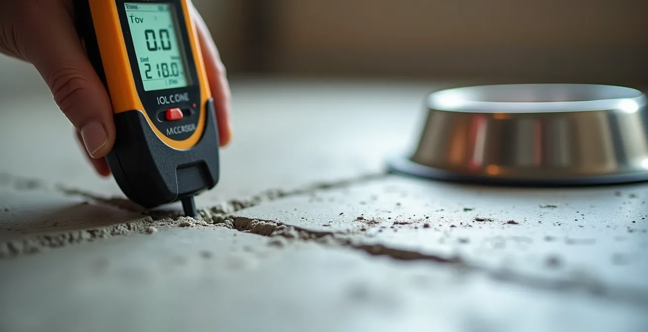 Close-up view of moisture meter testing concrete subfloor with pet water bowl in background